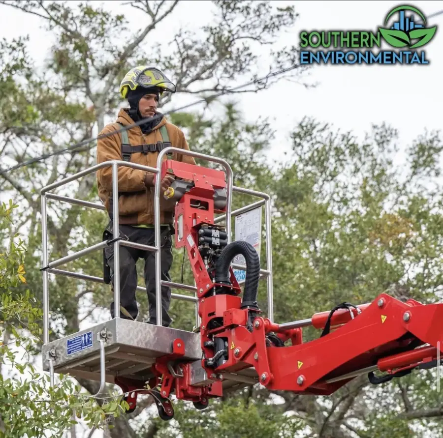 Southern Environmental Group arborist operating tracked aerial lift for tree maintenance in Tampa Bay , certified arborist in safety gear trimming tree canopy near power lines using compact spider lift