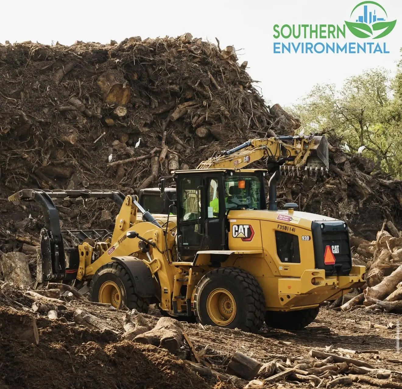 Southern Environmental Group CAT 930 front end loader with grapple sorting cleared vegetation and tree debris in Tampa Bay , heavy equipment processing large-scale land clearing and wood recycling