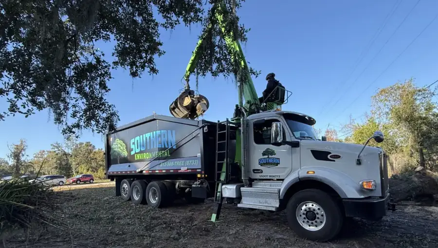 Southern Environmental Group grapple truck loading tree branches and debris in Tampa Bay , heavy-duty hydraulic grapple loader clearing large logs from residential property