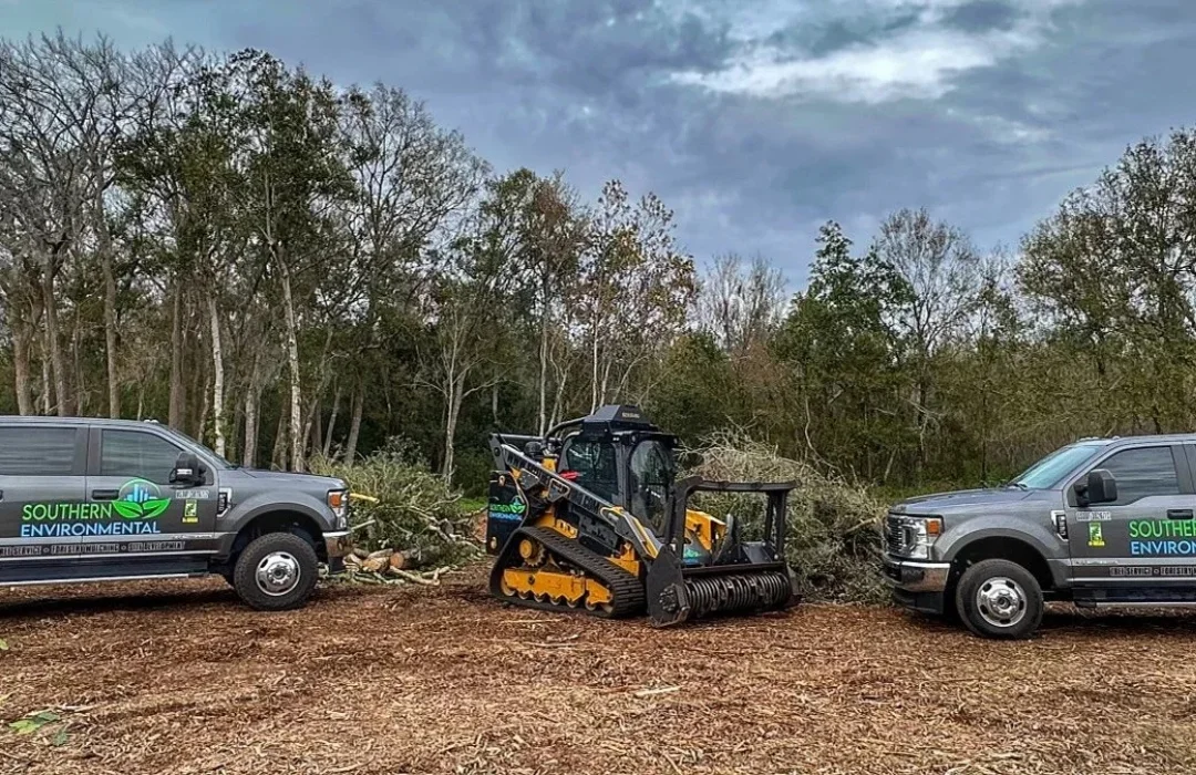 Southern Environmental fleet trucks and a CAT forestry mulcher prepared for a large-scale commercial tree stump removal project.