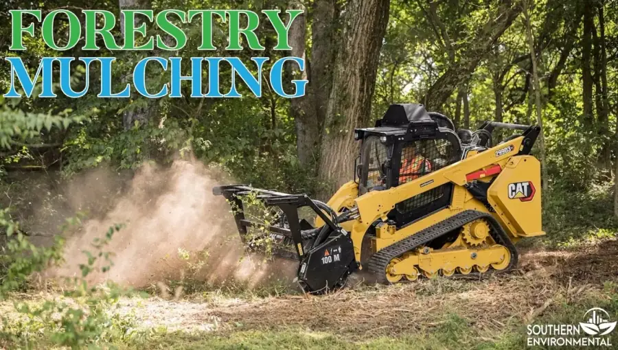 CAT track loader with a forestry mulcher attachment clearing dense brush, showcasing specialized land management by Southern Environmental.