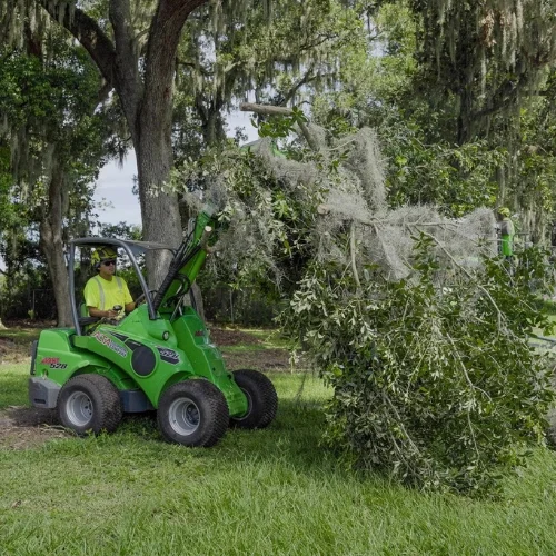 Southern Environmental operator using an Avant compact loader to move large tree branches with Spanish moss on a residential job site.